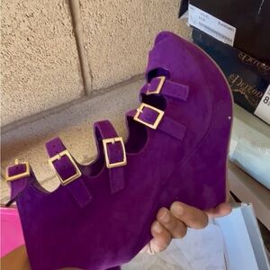 Purple Wedge Sandals with Gold Buckles